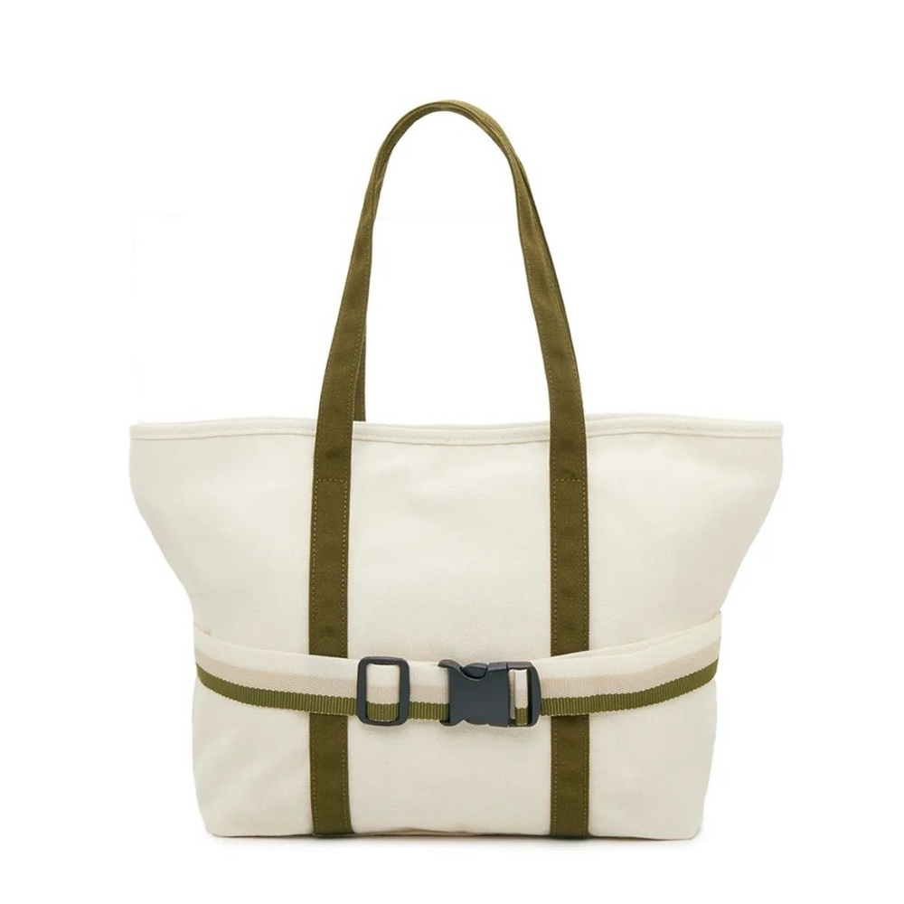 NEW Ivory/Green Canvas Tote With Travel Band - Picture 3 of 7